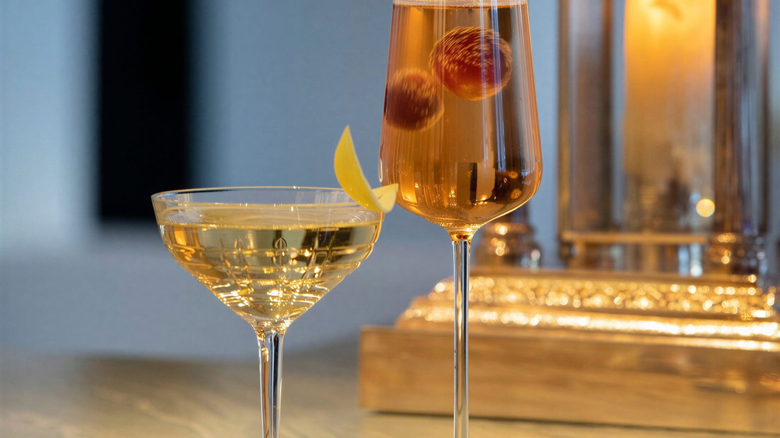 Two elegant cocktails from The Bar at Vermelho Melides on a marble surface, lit by a warm golden lamp in the background. One glass has a lemon twist garnish.