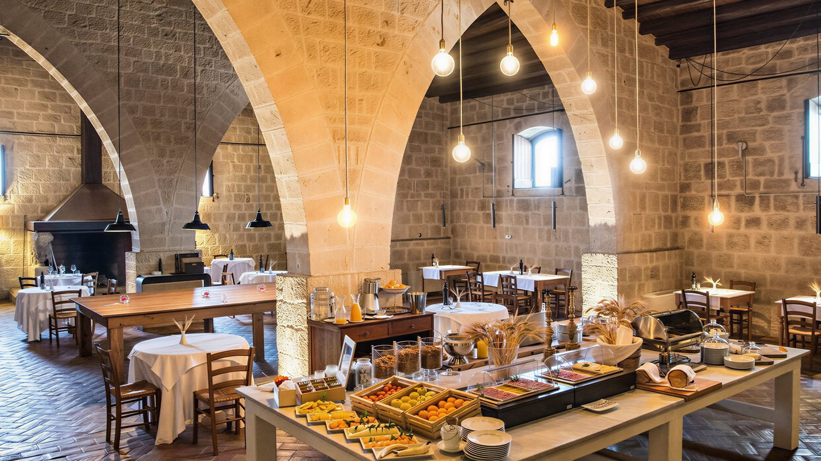 Dining room at Il Granaio at Masseria Susafa with stone arches, wooden tables, and a buffet spread. Warm lights hang from the ceiling, creating a cozy atmosphere.