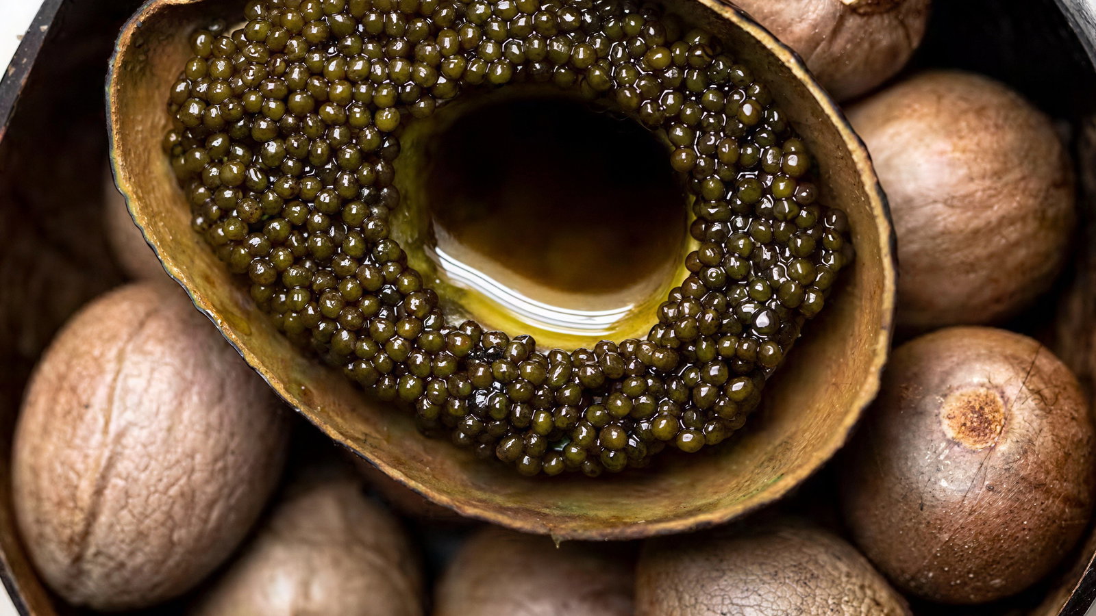 Avocado half filled with black caviar, surrounded by several whole nutmeg seeds. The setting has a rustic, earthy tone.
