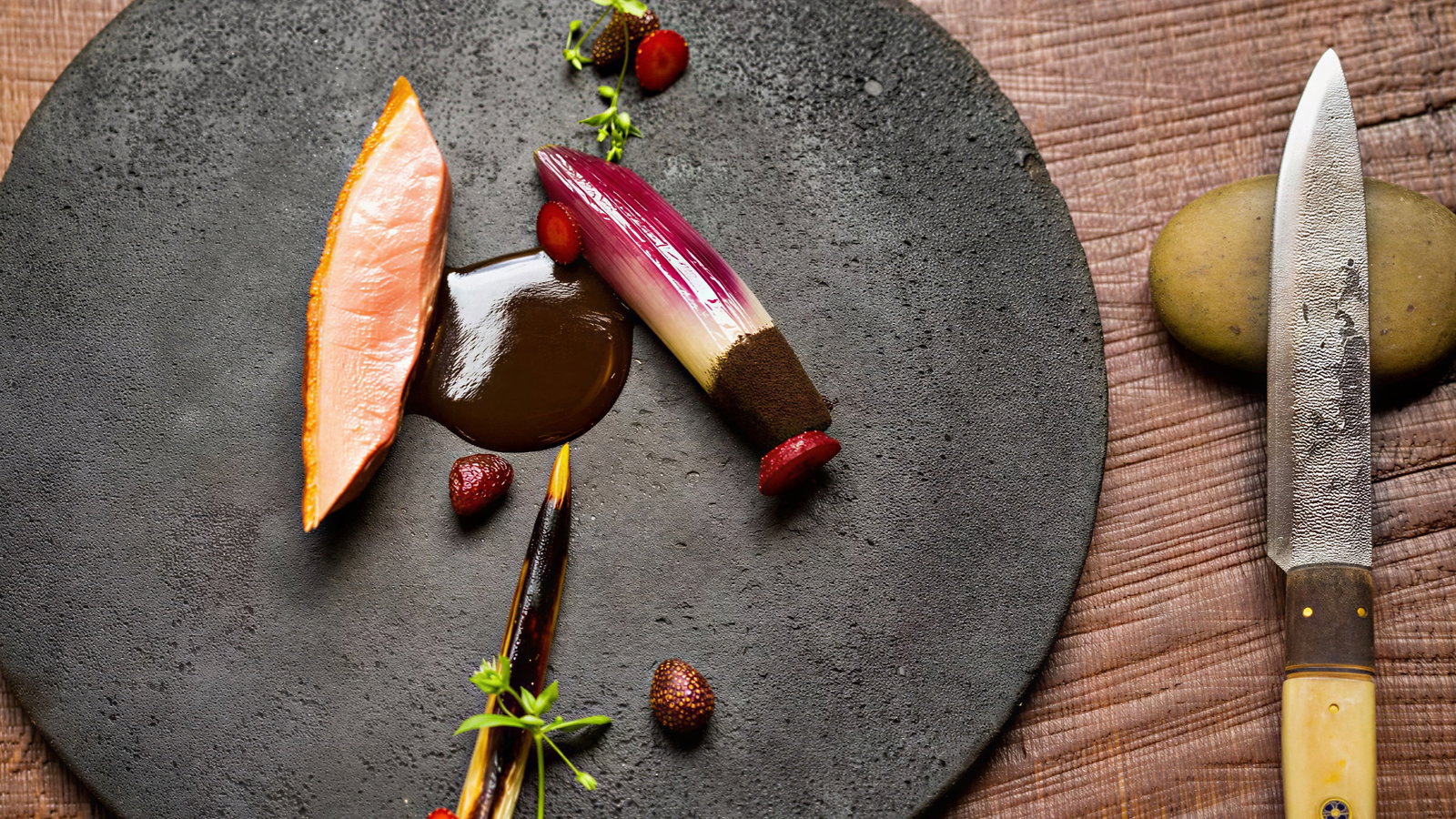 Gourmet dish on a dark plate with salmon, red endive, sauce, and microgreens. Rustic wood background; knife on a stone nearby.
