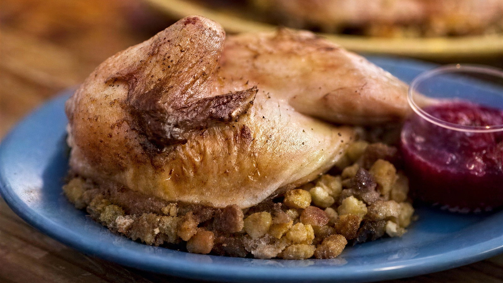 Roasted chicken with stuffing sits on a blue plate beside a small dish of red cranberry sauce. Warm, cozy dining setting.