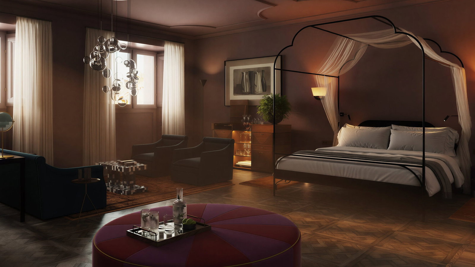 Elegant Terrace Suite bedroom at Palazzo Talìa with canopy bed, soft lighting, and modern decor. Red and purple ottoman with drinks. Warm, cozy ambiance.