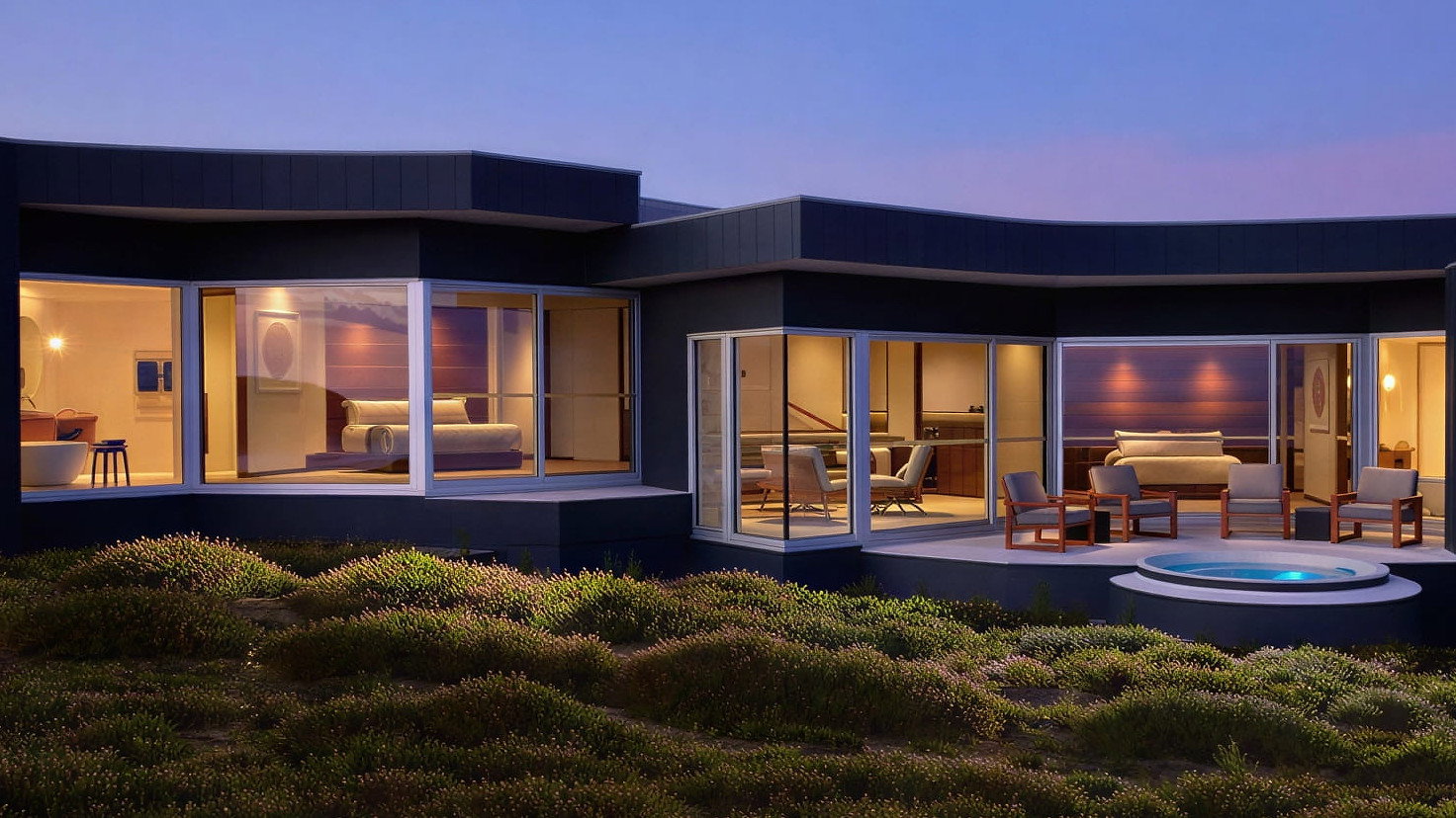 Exterior of Remarkable Suite at Souther Ocean Lodge with large windows, warm interior lighting, surrounded by grassy landscape. Evening sky casts a serene mood.