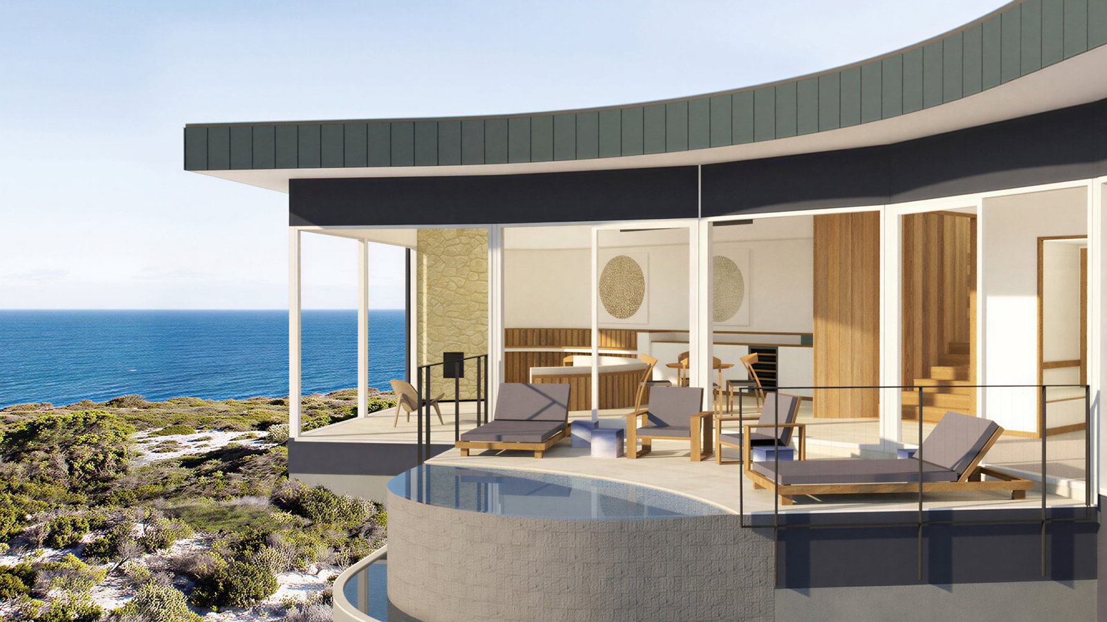 Curved Osprey Suite exterior at Southern Ocean Lodge with ocean view, outdoor seating, and a small pool. Interior features wooden decor. Clear blue sky sets a serene mood.
