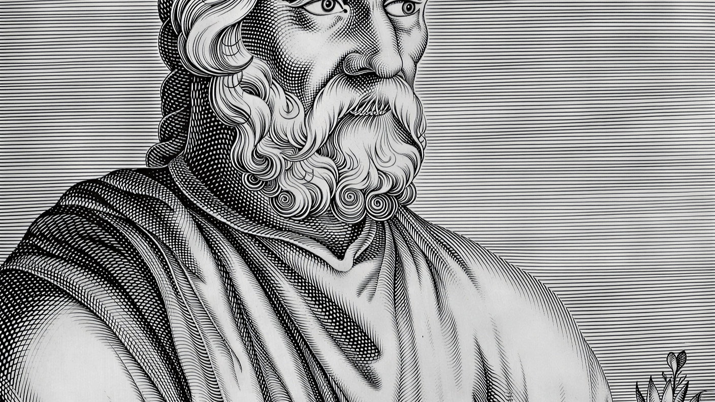 Engraving of Roman poet Decimus Magnus Ausonius in profile, wearing a headband with Latin text. He holds a laurel branch. Black-and-white lined background.