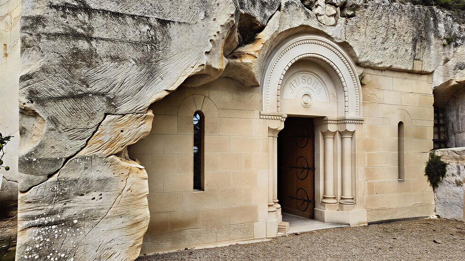 Stone entrance to limestone cellars carved into rock at Château Ausone, featuring arched doorway with "AUSONE" engraved. Beige tones, rustic setting, gravel foreground.