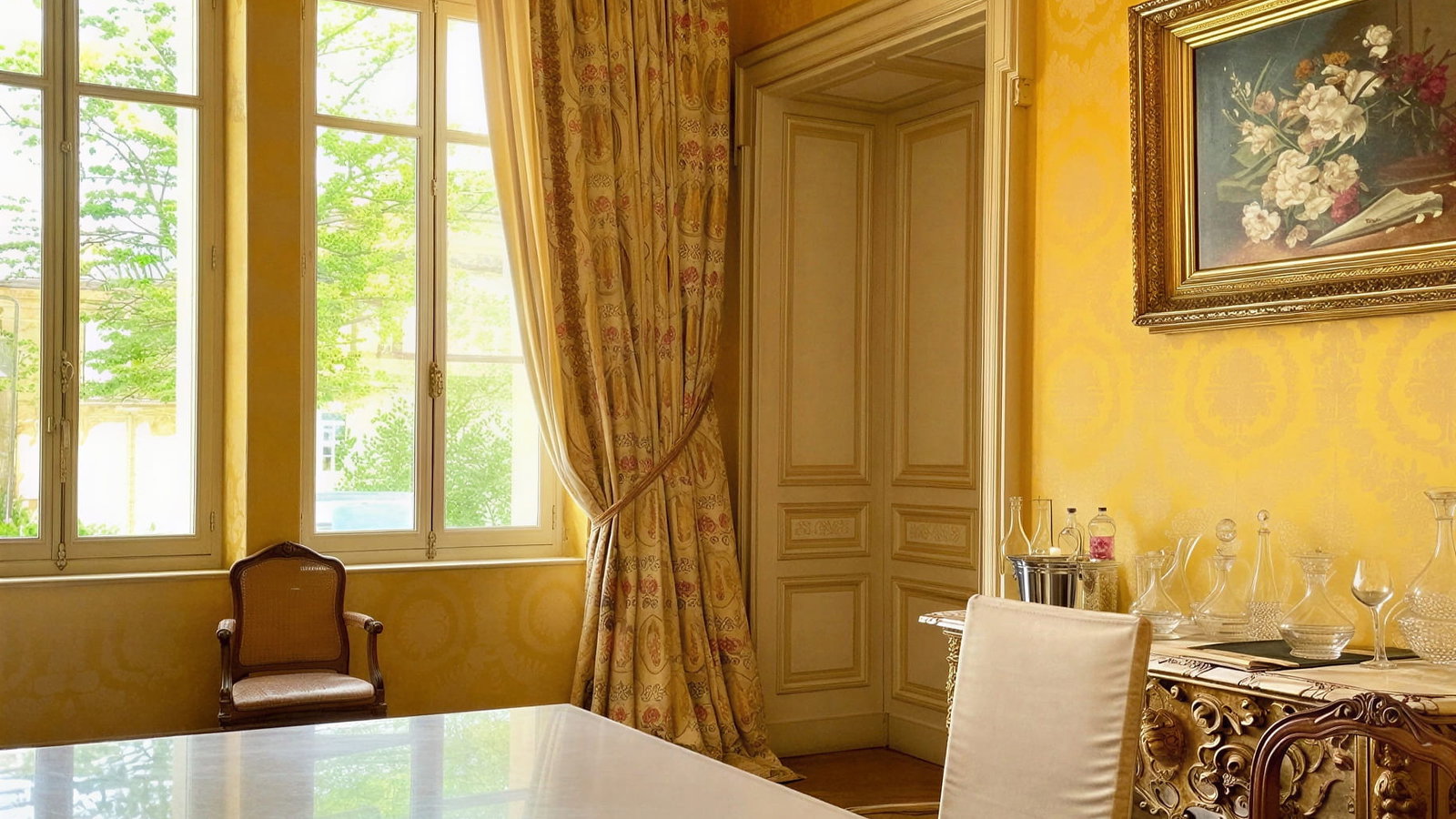 Elegant tasting room at Château Ausone with yellow patterned walls, white table, and chandelier. Large windows with curtains, a floral painting, and glassware.