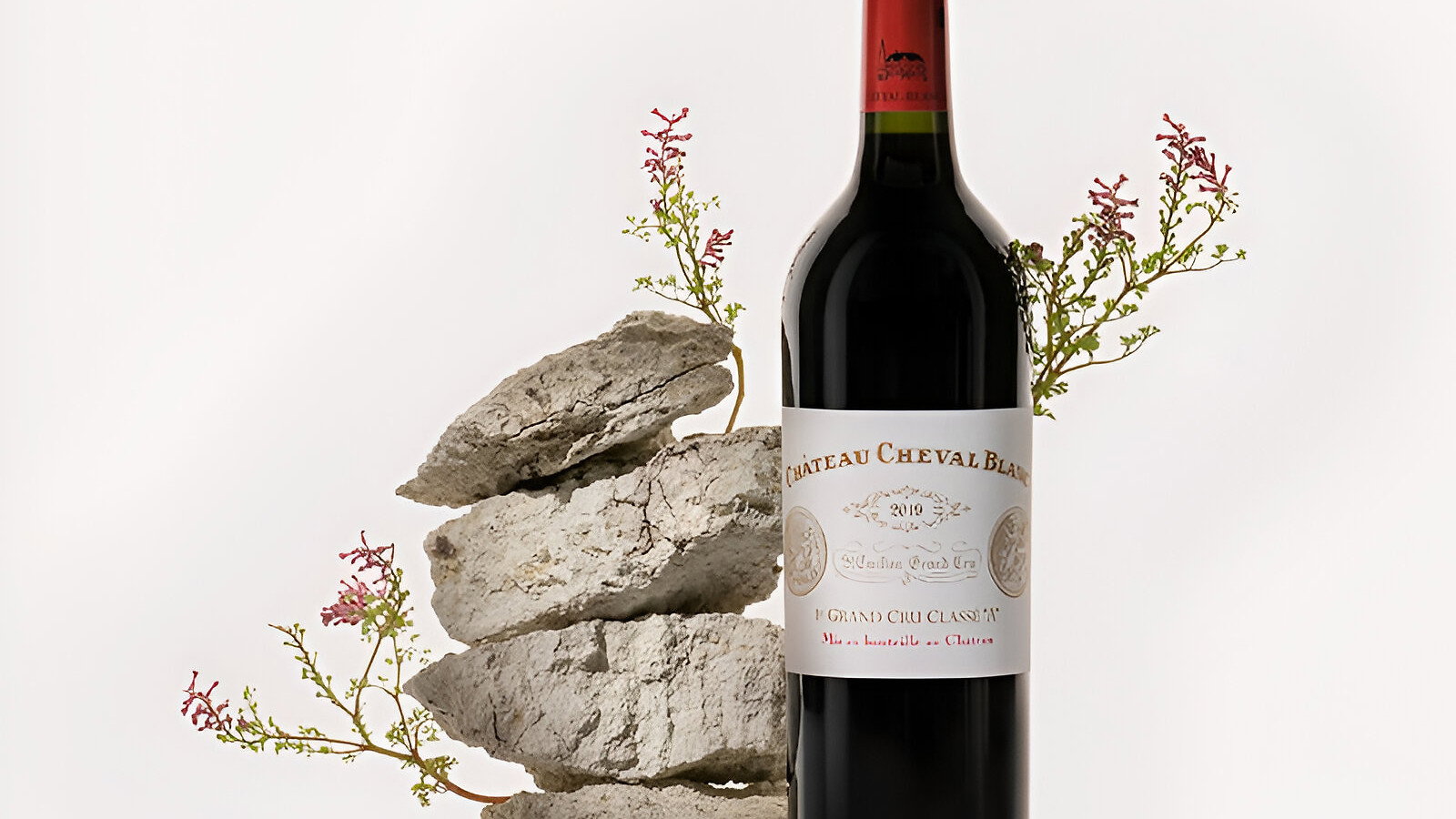 A wine bottle labeled 2019 Château Cheval Blanc stands beside stacked gray stones and red flowers on a reflective surface, minimalistic white background.