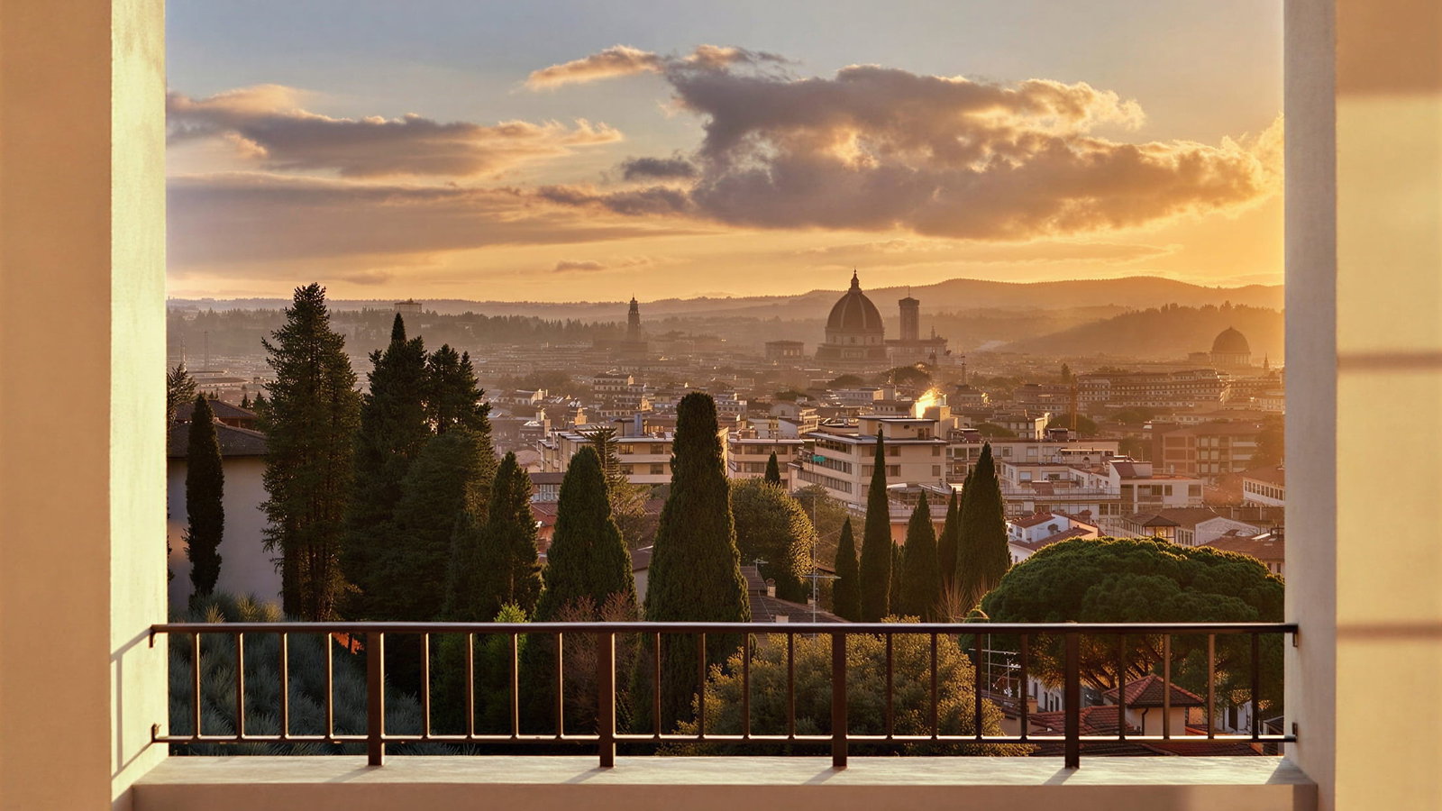 Sunset view of florence cityscape from Collegio alla Querce framed by a balcony. Tall trees and historic buildings visible. Warm hues create a serene atmosphere.