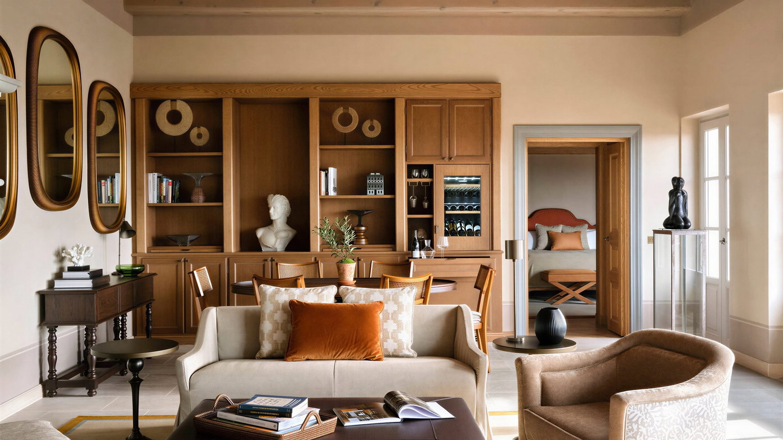 Cozy living room of Florentina Suite at Collegio alla Querce with beige sofas, a wood bookshelf, and sculptures. Warm tones create a relaxed atmosphere. Large windows provide natural light.