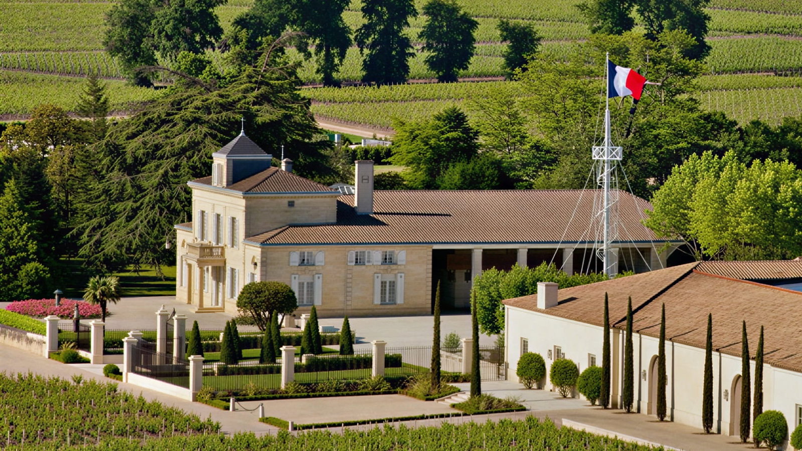 Château Montrose among its lush vineyards with a vibrant French flag. Green trees border the scene; tranquil, sunny countryside setting.