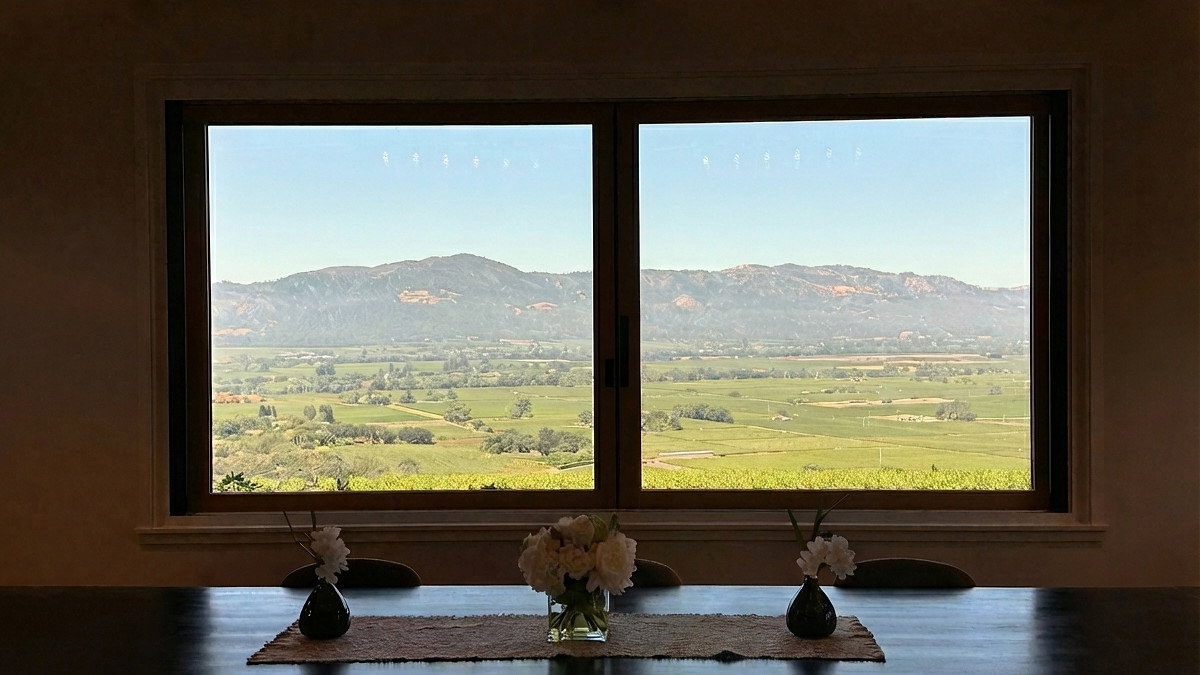 Vineyard view through large window from dimly lit dining room with flowers on table, soft light creating a serene, tranquil mood.