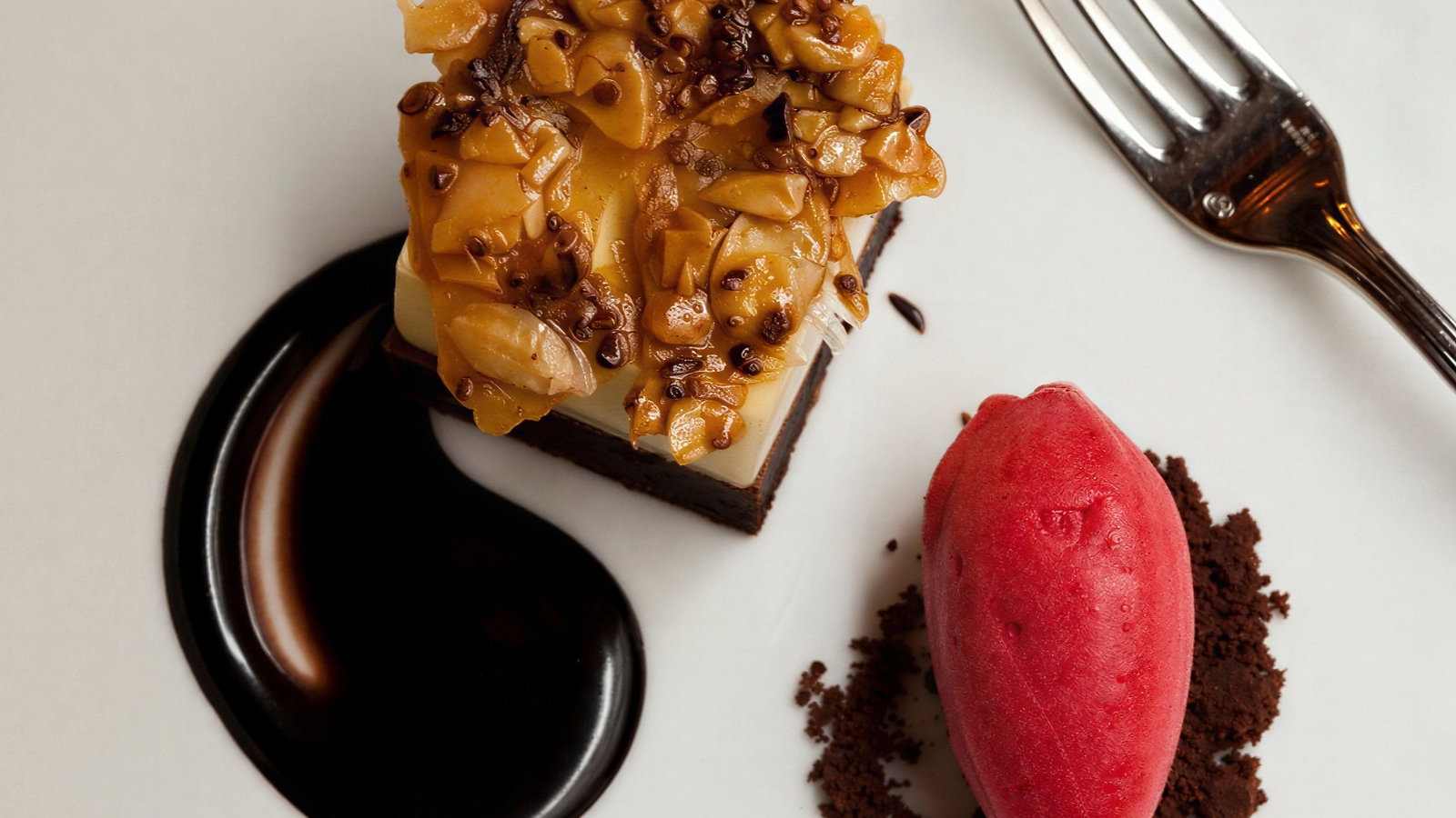 A dessert on a white plate with caramel cake topped with nuts, red sorbet on crumbed cocoa, and chocolate sauce. Fork on the side.