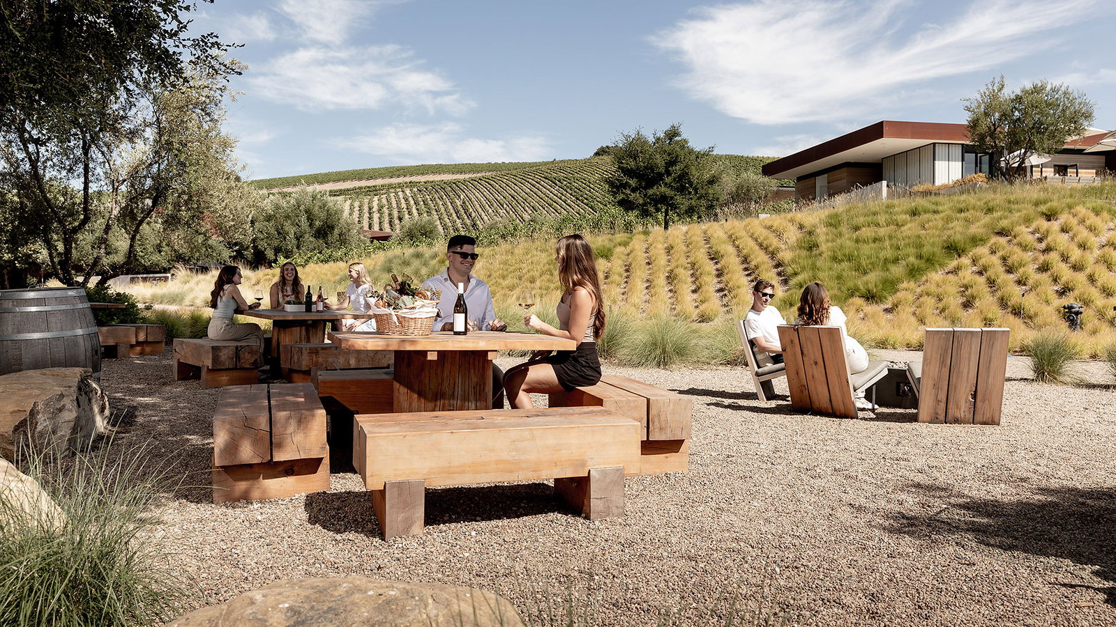 People enjoy wine at wooden tables in a sunny vineyard. Rolling hills and modern building in background. Relaxed atmosphere, clear sky.