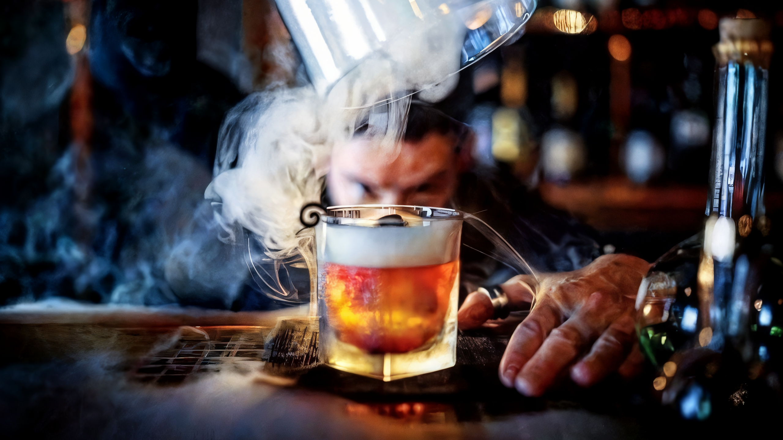 Bartender pours smoke over a cocktail at a dimly lit bar. Orange drink with foam sits on a wooden counter, creating a mysterious vibe.
