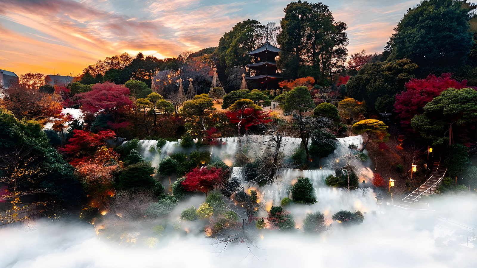 Serene garden with vibrant autumn trees and cascading waterfalls at sunset. Mist covers the ground, enhancing the tranquil mood.