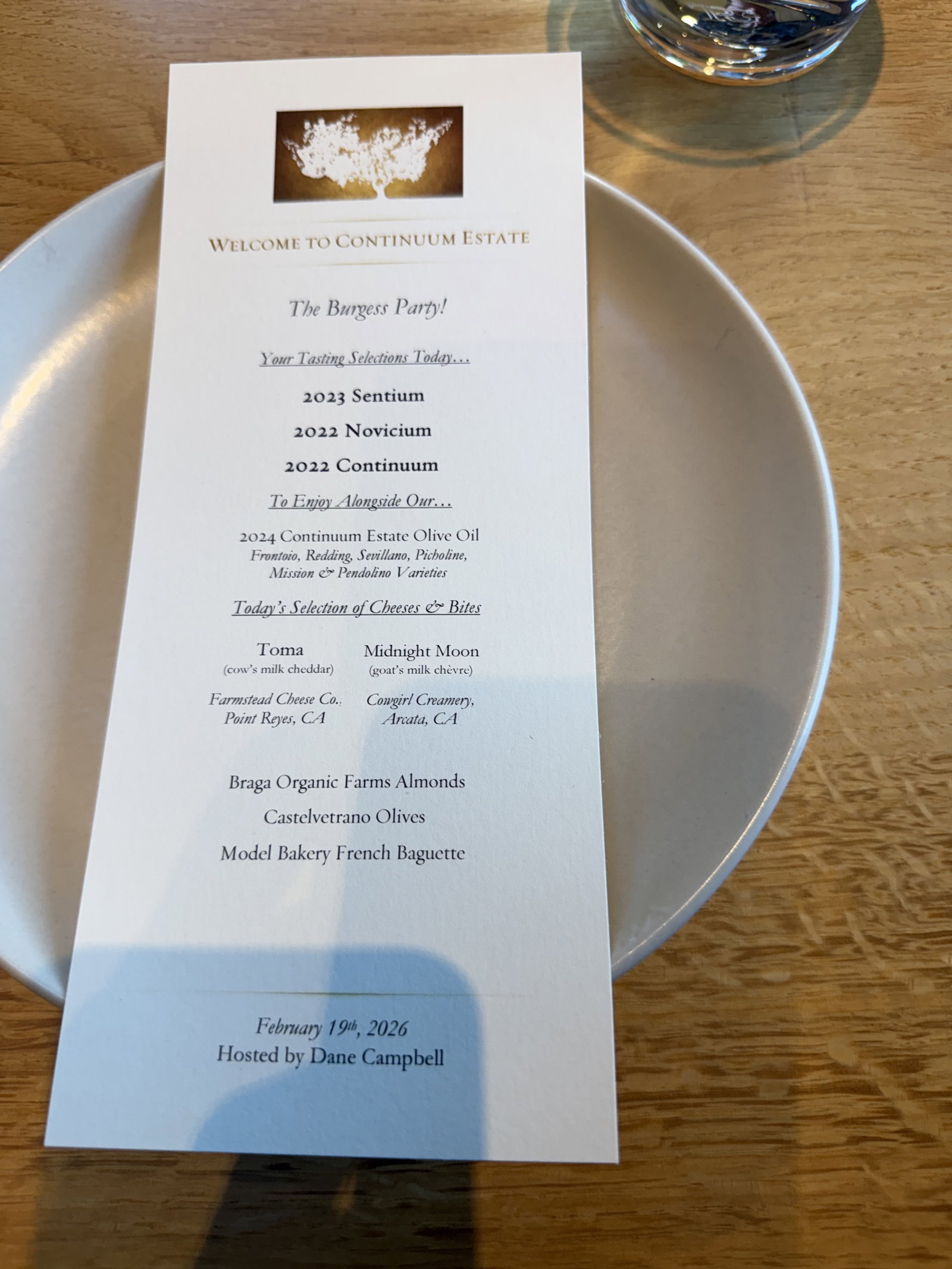 Continuum Estate tasting selections card showing 2023 Sentium, 2022 Novicium, and 2022 Continuum