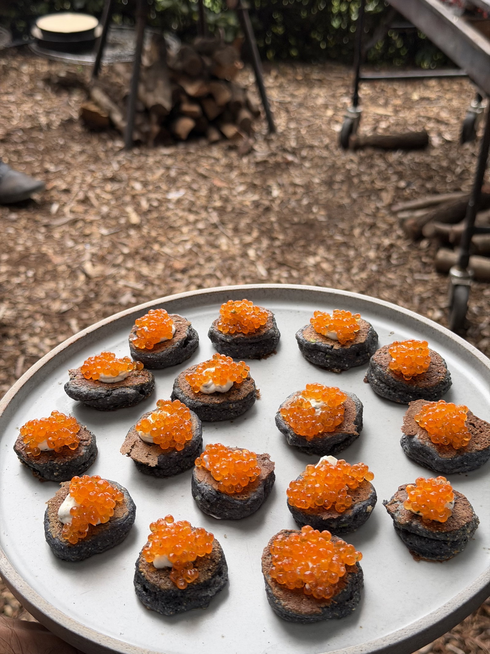 Blue cornmeal bites with creme fraiche and caviar at The Mascot Dawn Patrol