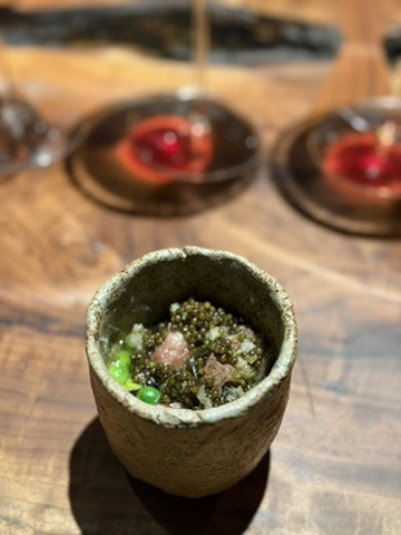 Birdsong sweetbreads with parmesan caviar bone marrow and peas