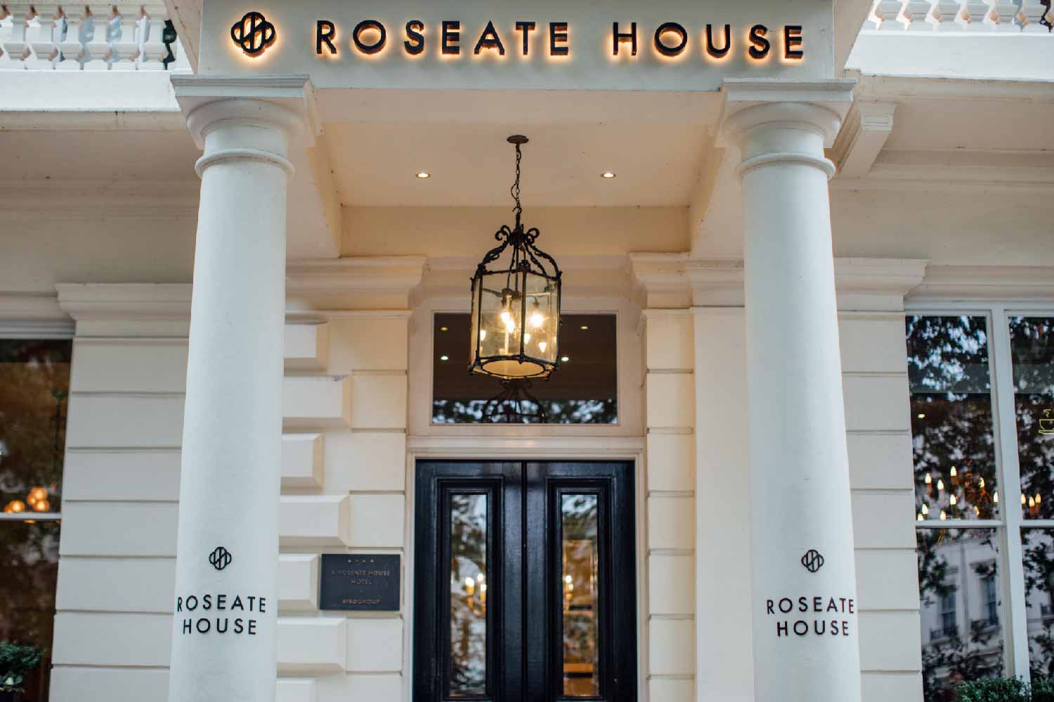 Roseate House London entrance detail with signage and columns
