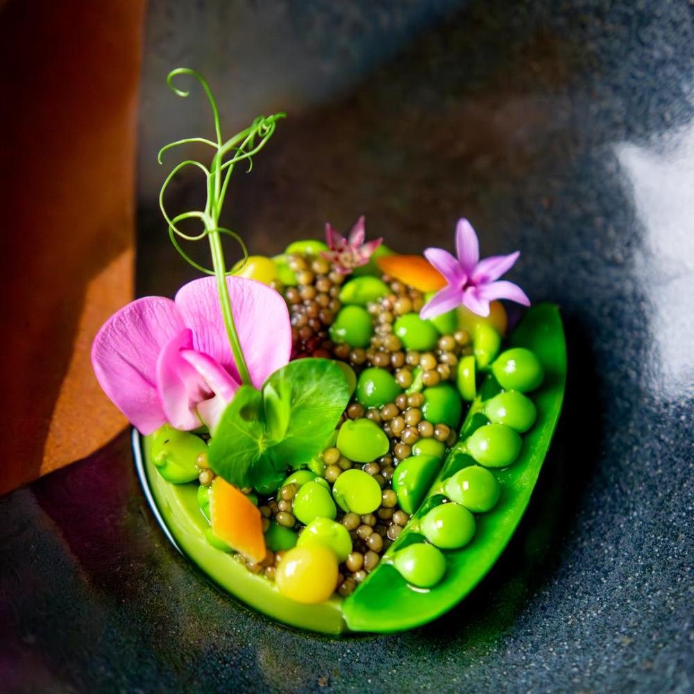 Colorful Lazy Bear dish with peas and flowers