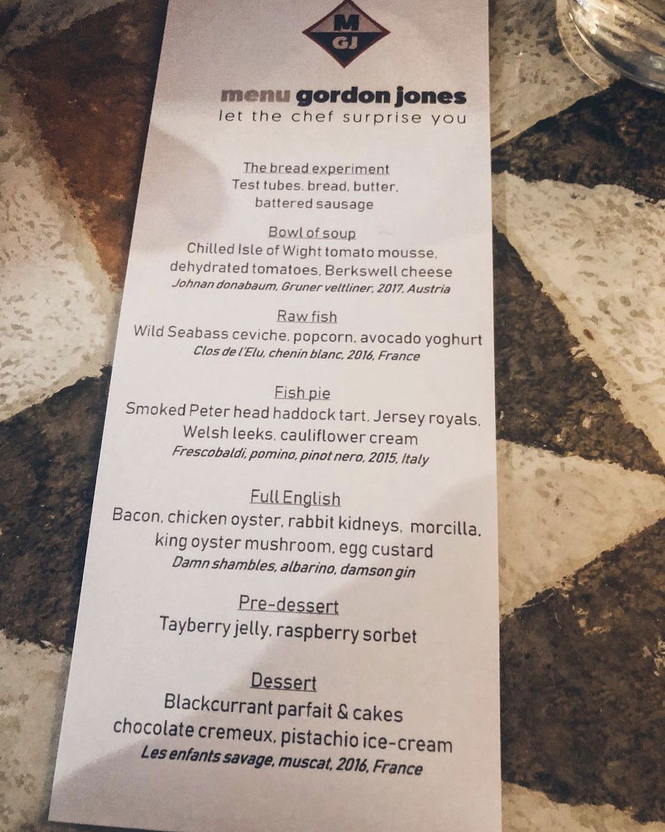 Menu Gordon Jones, Restaurant in Bath