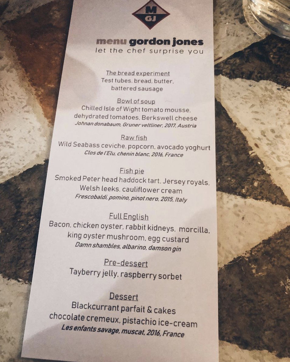 Menu Gordon Jones restaurant in Bath, United Kingdom