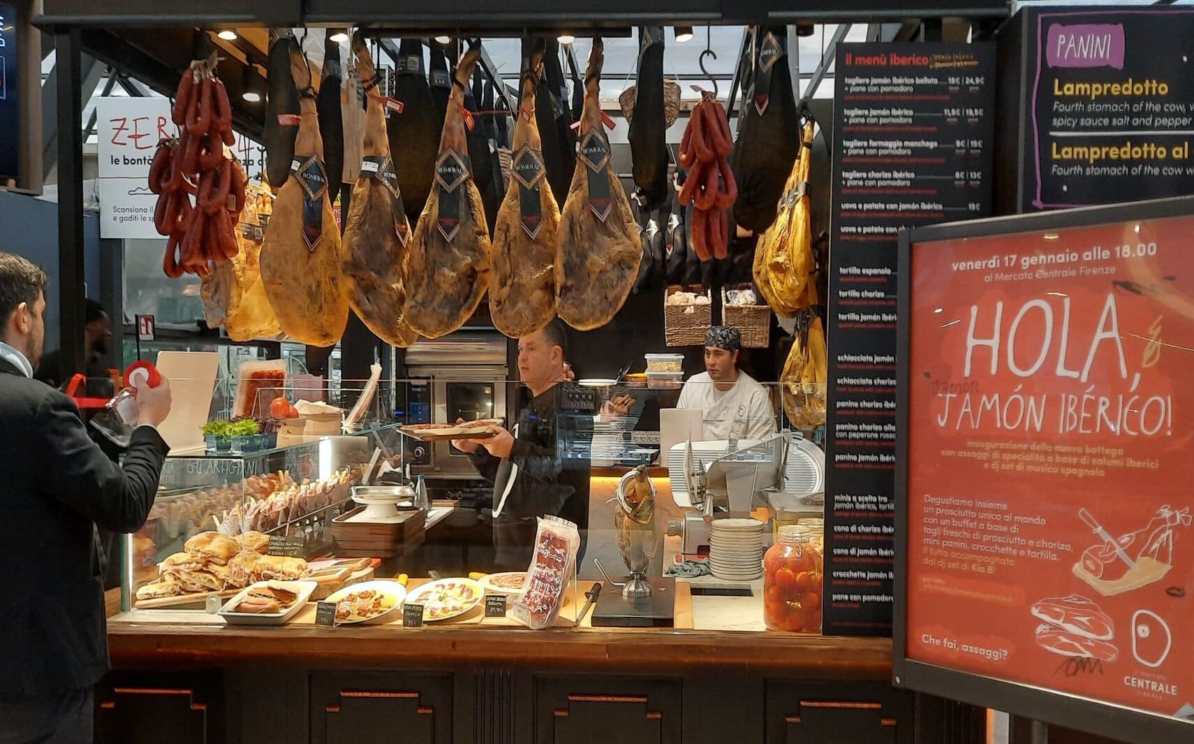 Jamón de Bellota stall at Mercato Centrale Firenze, Restaurant in Florence